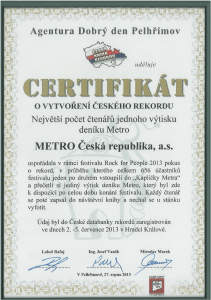 Krátko Denník METRO v týchto dňoch útočí na rekord - certifikat rekordu