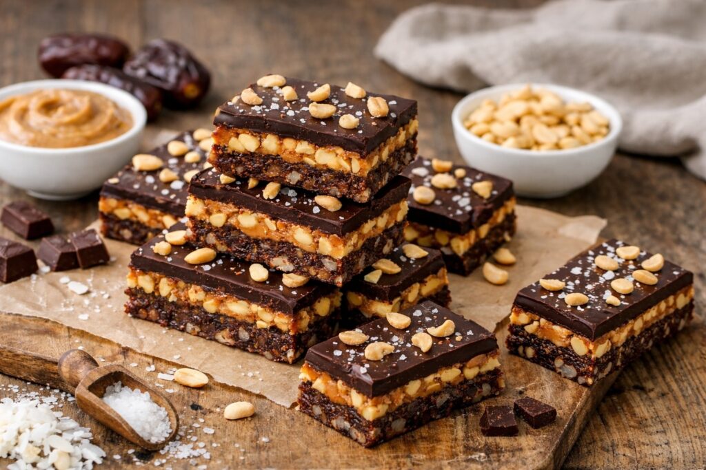 Datli Nepečené „Snickers“ tyčinky z datlí, arašidov a čokolády, ktoré ...