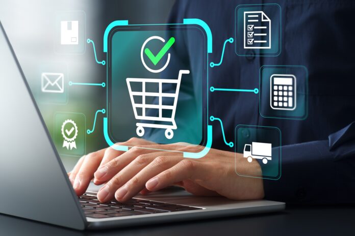 E-commerce order management system. Fulfillment operations software for online store. Businessman using laptop computer to process orders.