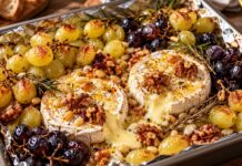 RECEPT: Pečený camembert s hroznom, orechmi a medom. Jednoduché pohostenie, ktoré vyzerá luxusne